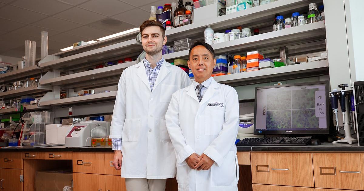 Yujiang Fang, M.D., Ph.D. — an academic pathologist and associate professor in the microbiology and immunology department at DMU — alongside Conner Willson, a May 2024 graduate of DMU’s osteopathic medicine program.
