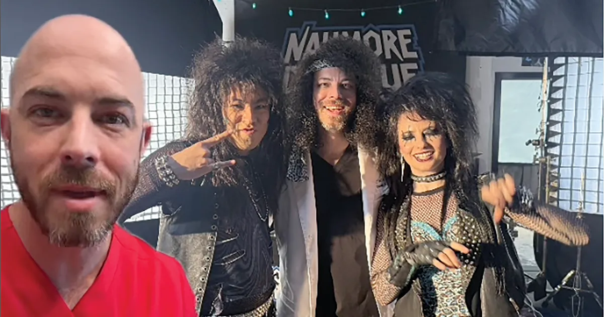 Dustin Portela poses in costume with Bowen Yang and Sarah Sherman behind the scenes at SNL.