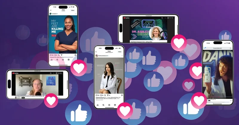 A purple background with images of various social media posts from DMU alumni. Reaction icons for "likes" and "hearts" fill out the foreground.
