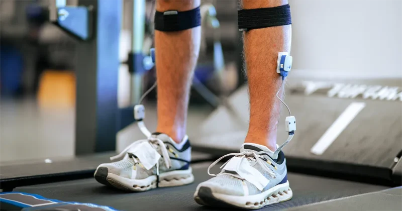 A close-up of motion‑capture sensors attached to a participant’s lower legs as they stand on a treadmill during a gait analysis session.