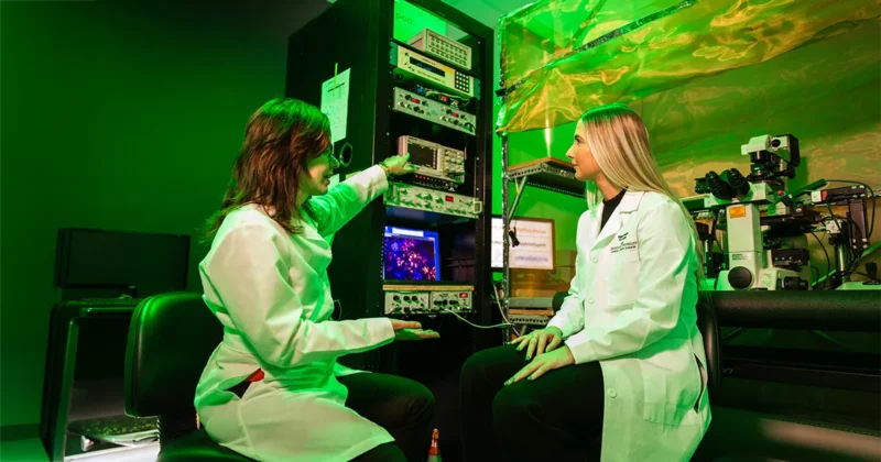 A DMU PhD student and faculty member in lab coats work together in a dimly lit research lab, reviewing data on specialized electrophysiology equipment beside a microscope.