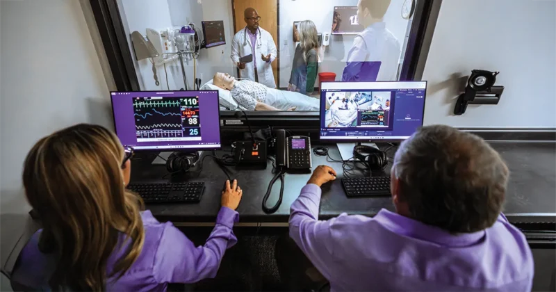 A behind-the-scenes look at the control center for an acute care lab at the DMU Regional Simulation Center.