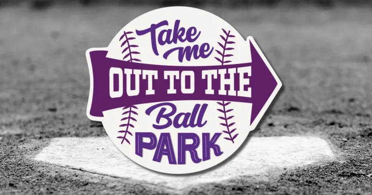 A circular graphic reading ‘Take Me Out to the Ballpark’ in purple lettering, placed over a baseball field background.