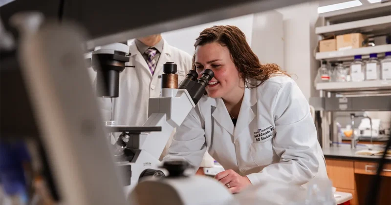 Elizabeth McConnaha, PhD’25, examines samples under a microscope.