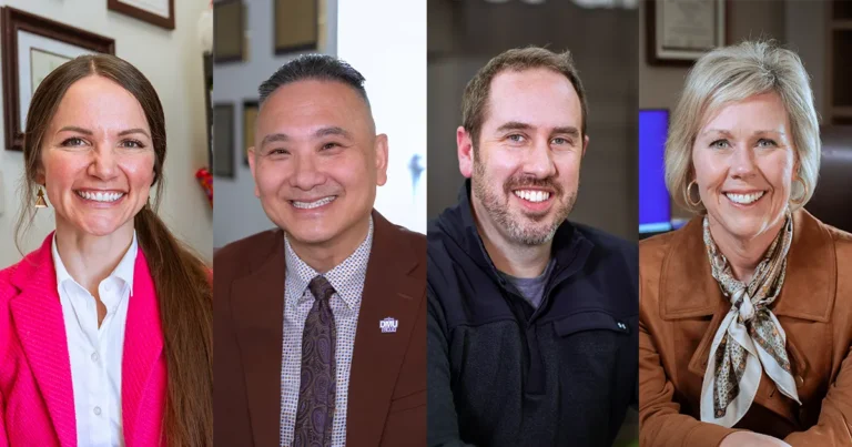 Des Moines University 2026 Alumni Award recipients. Left to right: Elizabeth “Libby” Abbas, DO’15, John T. Pham, DO’00, Jeffrey Dikis, DPM’12, and Leah Glasgo, MHA’02, BSN, RN, FACHE.
