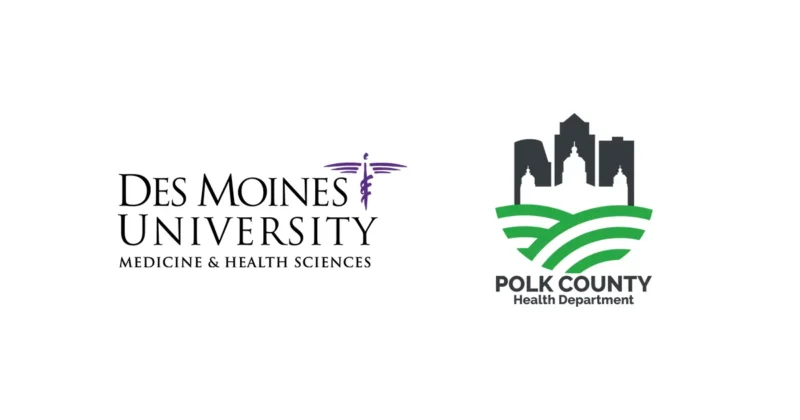 The Des Moines University Medicine and Health Sciences logo alongside the Polk County Health Department logo on a white background.