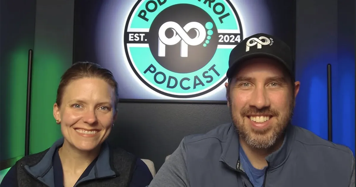 Jeffrey Dikis, DPM’12, sits beside his wife and podcast co-host Ashley Dikis, DPM’12, MEd, FACFAS, in a podcast studio in front of a Pod Patrol Podcast sign.