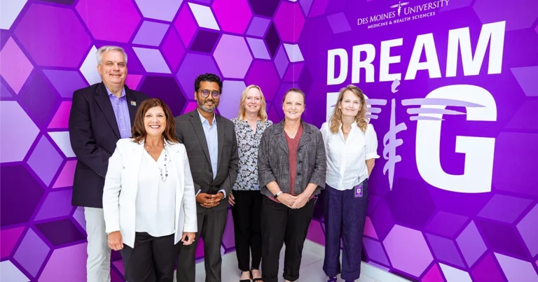 DMU research team with Microsoft at the 2026 Young Research Internship program orientation. 
(L to R: Mark Schmall, metro director of Datacenter Critical Environments at Microsoft, Sara Hansen, senior community affairs manager at Microsoft, Pravin Mishra, PhD, MBA, chief research officer, Lori Winter, research support specialist, Kellie Sheets, MBA, FACHE, CRA, director of research operations, compliance and strategy, Holly Boorman, administrative assistant)