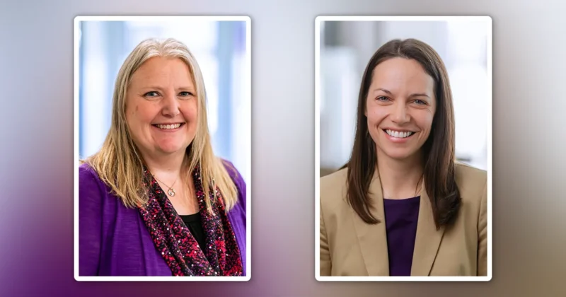 Side-by-side professional headshots of Autumn Brunia, DO, psychiatrist at DMU Clinic Behavioral Health, and Julia Van Liew, PhD, associate professor. Brunia is wearing a purple blazer with a patterned scarf, and Van Liew is wearing a tan blazer over a purple top. Both are photographed against softly blurred indoor backgrounds.
