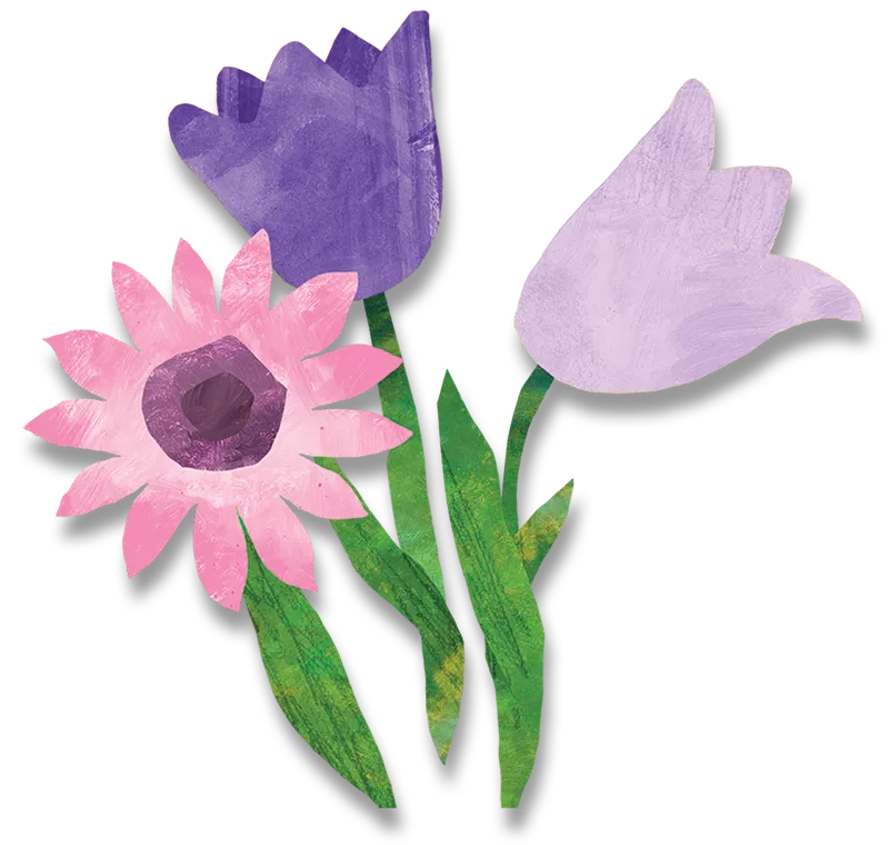 Illustration of three hand-painted paper flowers in shades of purple and pink with green stems and leaves.