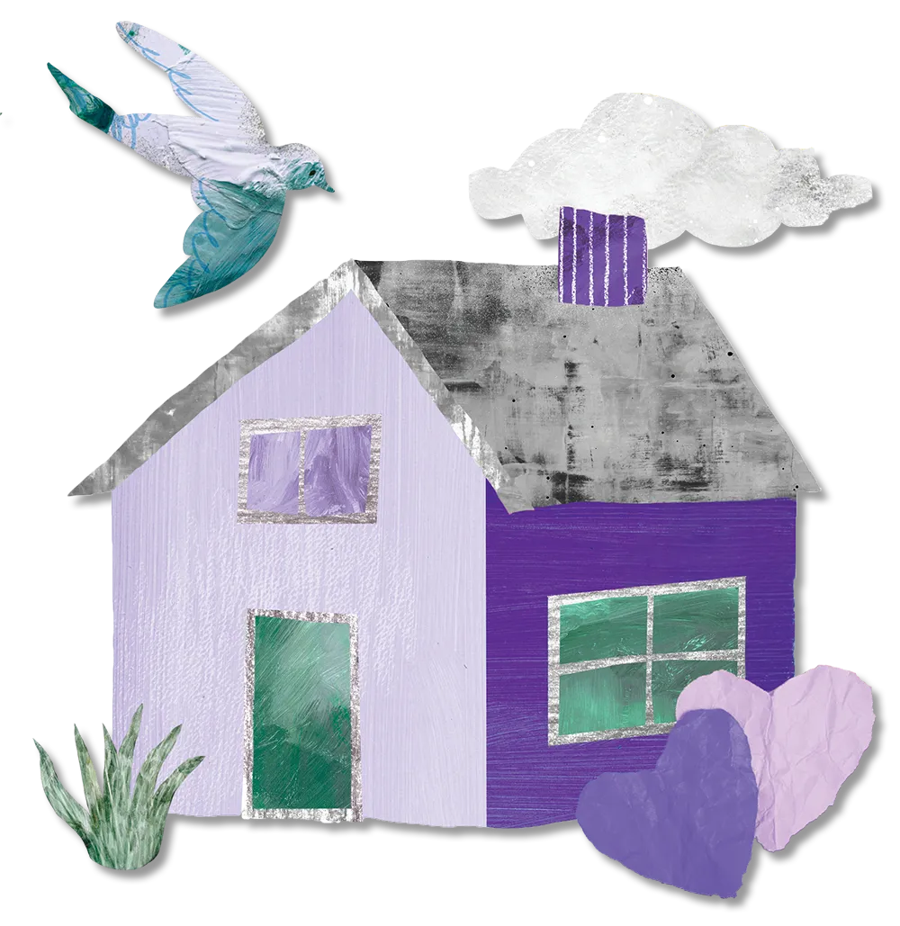 Hand-painted paper illustration of a purple house with a gray roof, a blue bird in flight, a white cloud, green grass and layered heart shapes in purple and lavender.